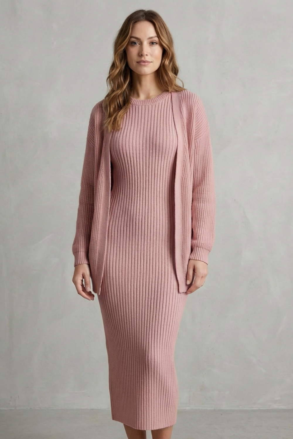 Mara ribbed knit midi jumper dress with matching open-front cardigan - view 8