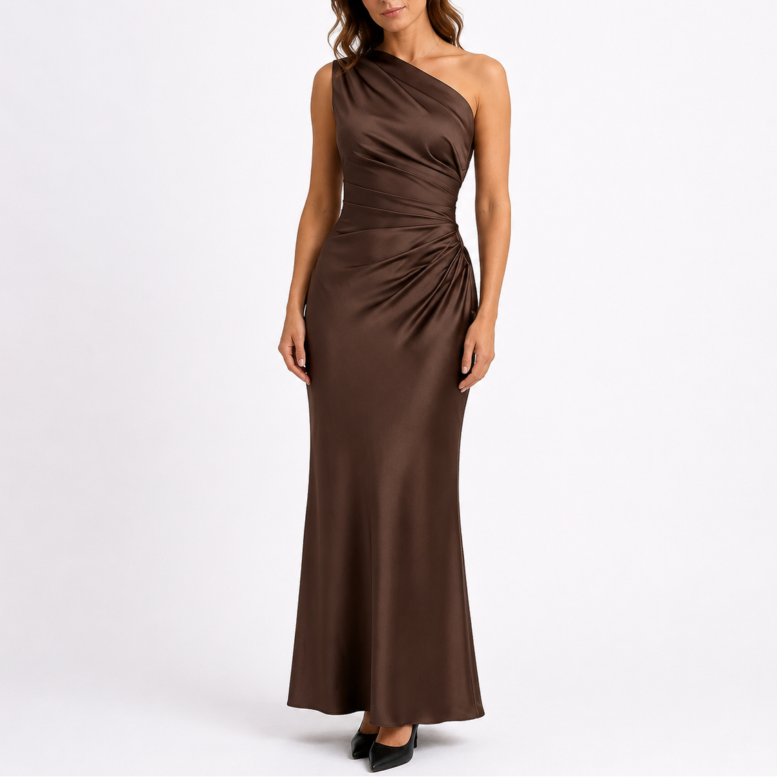 Ruched one shoulder satin maxi dress with fishtail hem
