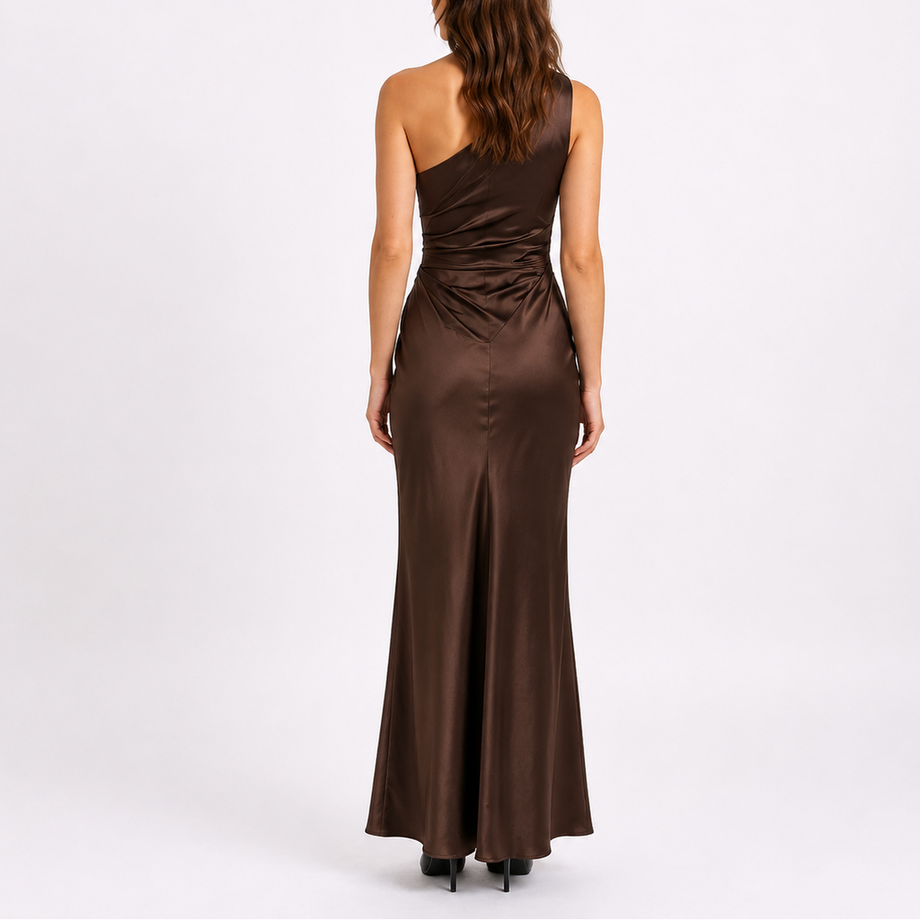 Ruched one shoulder satin maxi dress with fishtail hem - view 3