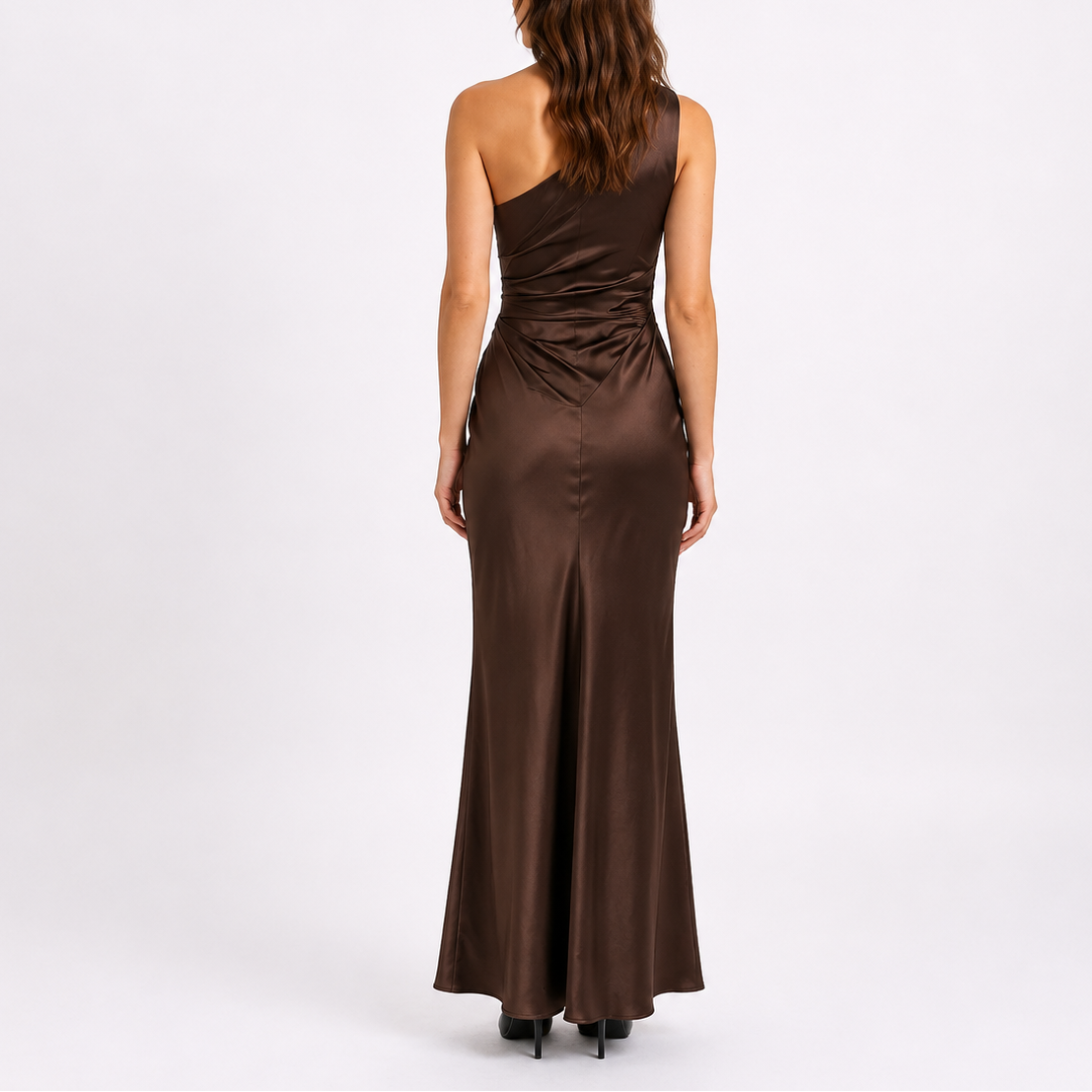 Ruched one shoulder satin maxi dress with fishtail hem - view 3