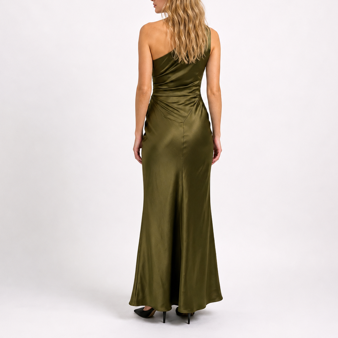 Ruched one shoulder satin maxi dress with fishtail hem - view 5