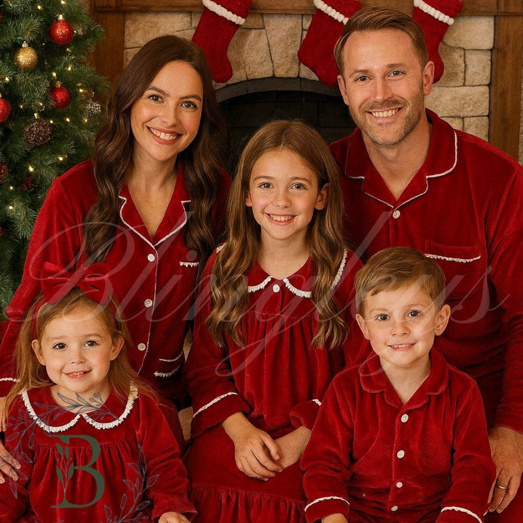 Red velvet family Christmas pyjamas with white lace trim