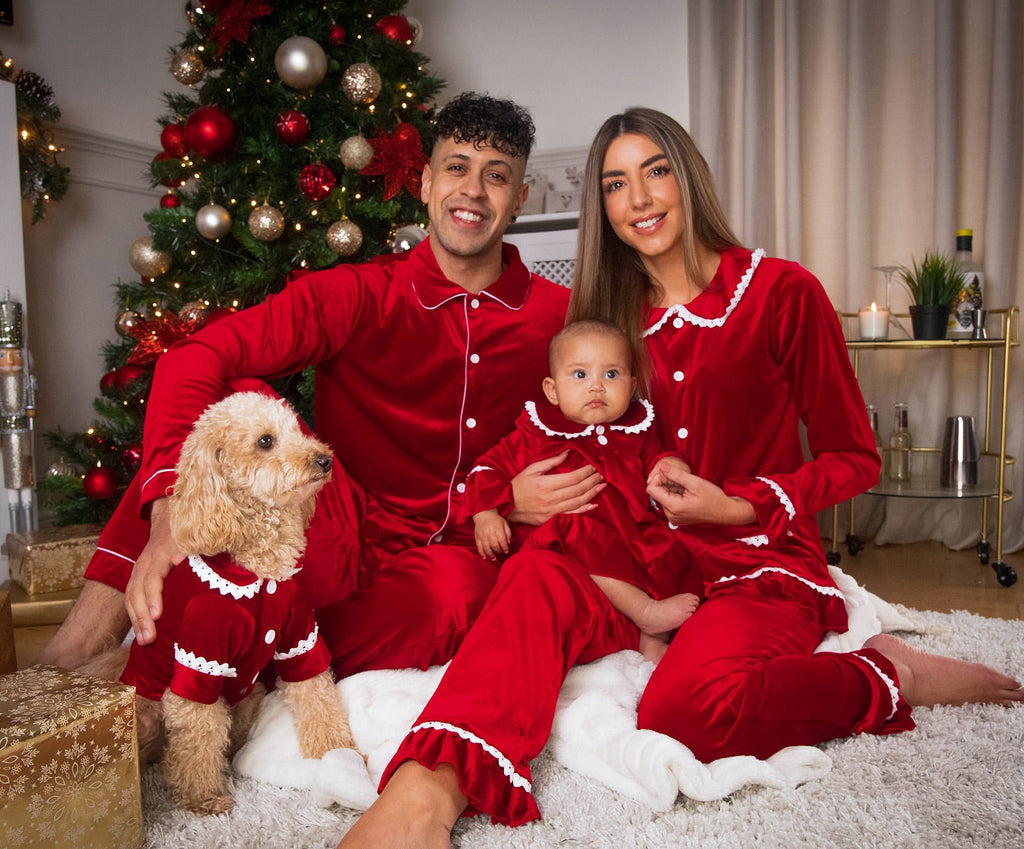 Red velvet family Christmas pyjamas with white lace trim - view 2