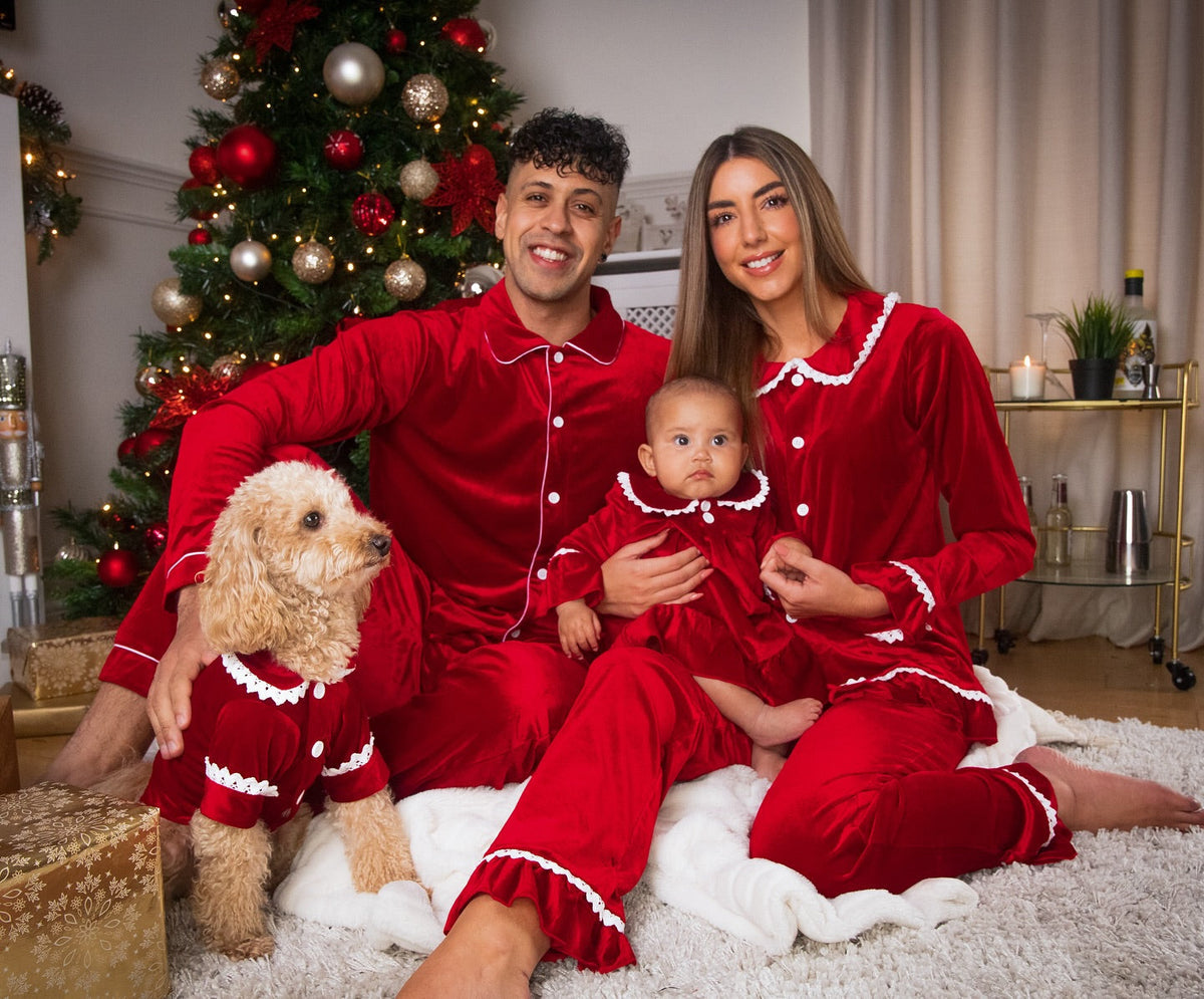 Red velvet family Christmas pyjamas with white lace trim - view 2