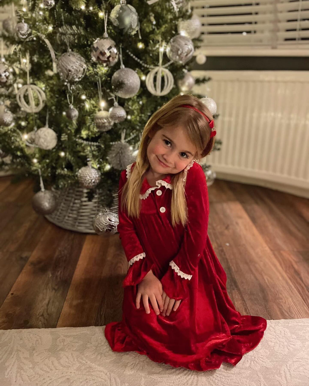 Red velvet family Christmas pyjamas with white lace trim - view 3