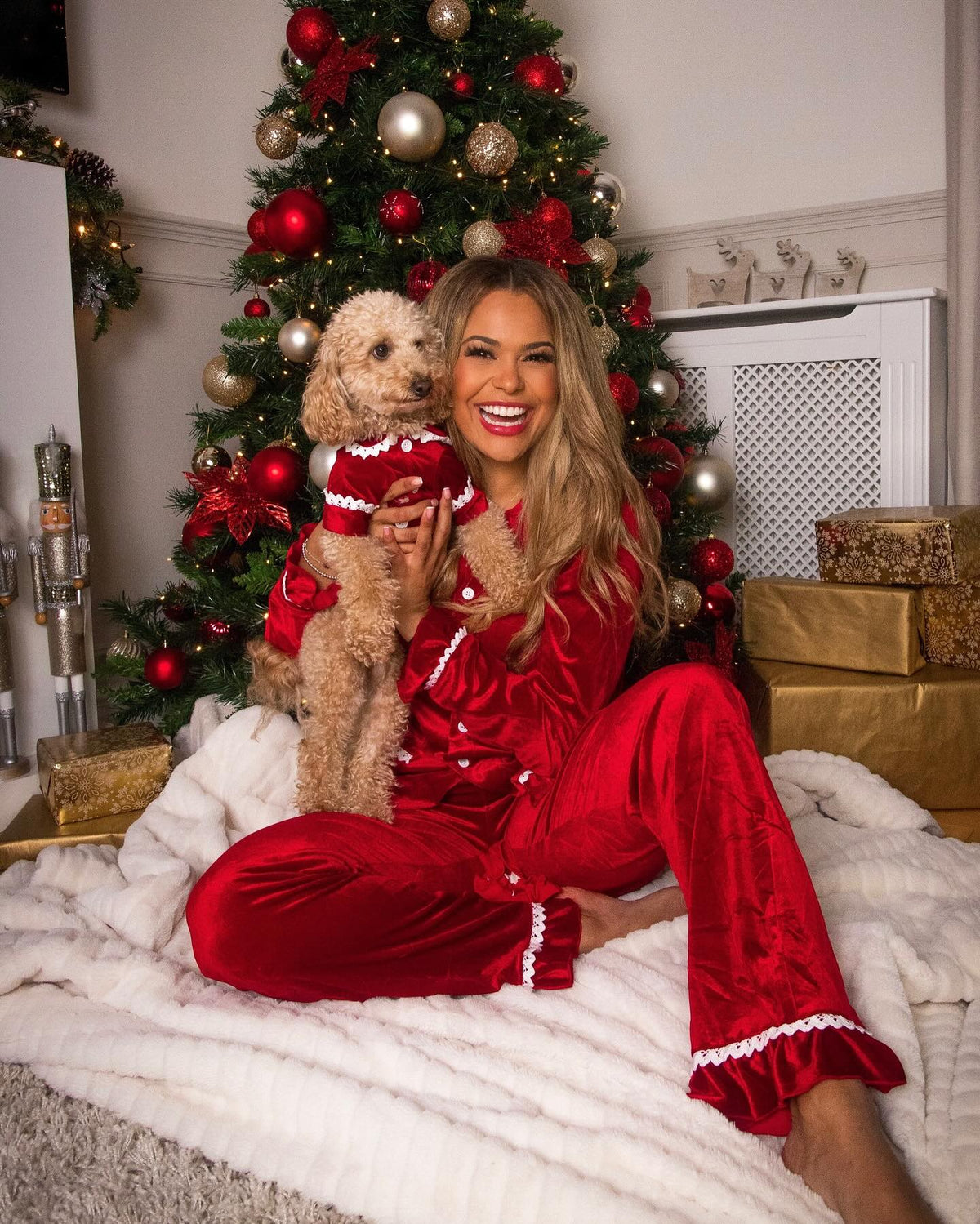 Red velvet family Christmas pyjamas with white lace trim - view 4