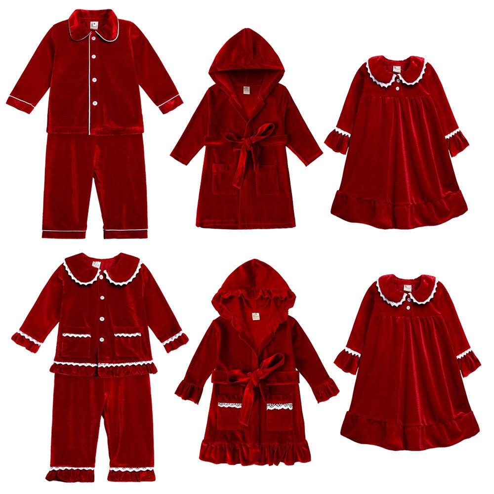 Red velvet family Christmas pyjamas with white lace trim - view 5