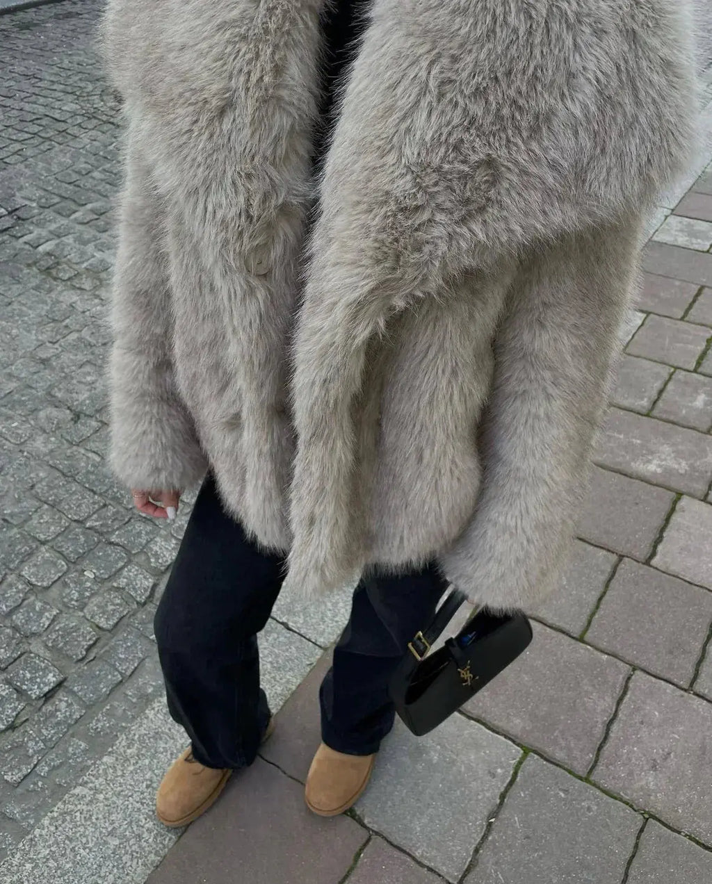Grey faux fur jacket with oversized collar worn open over jeans - view 6