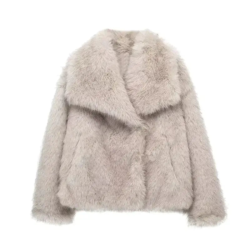 Grey faux fur jacket with oversized collar worn open over jeans - view 7