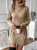 Woman wearing a fitted cable knit turtleneck jumper dress with long sleeves and a mini length
