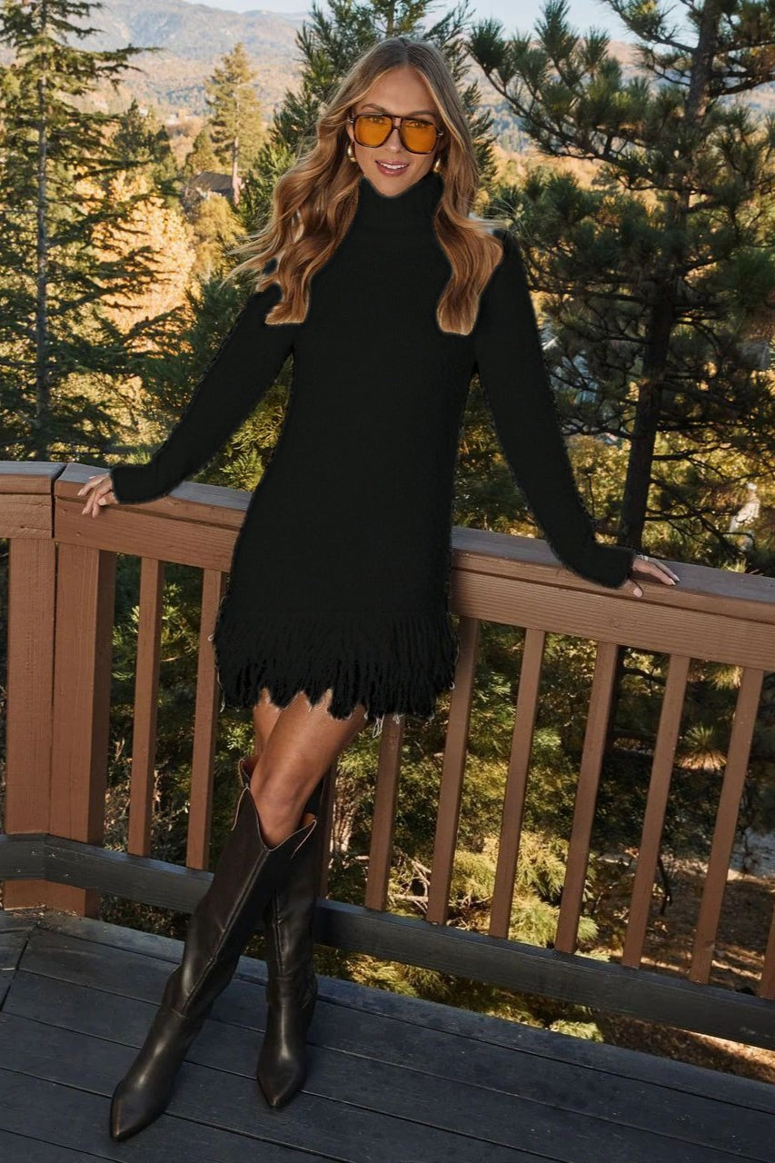 Woman wearing a fuzzy knit turtleneck jumper dress with long sleeves and a looped fringe hem - view 5