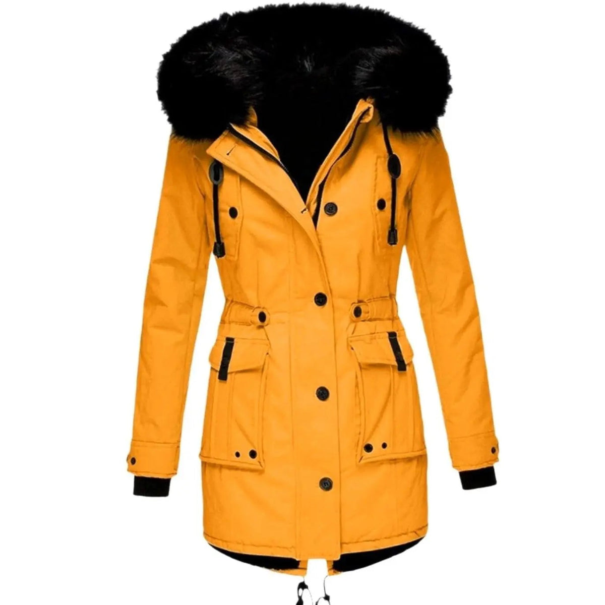 Women's hooded parka coat with faux fur trim hood, drawstring waist and flap pockets