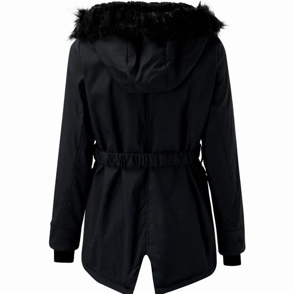 Women's hooded parka coat with faux fur trim hood, drawstring waist and flap pockets - view 8
