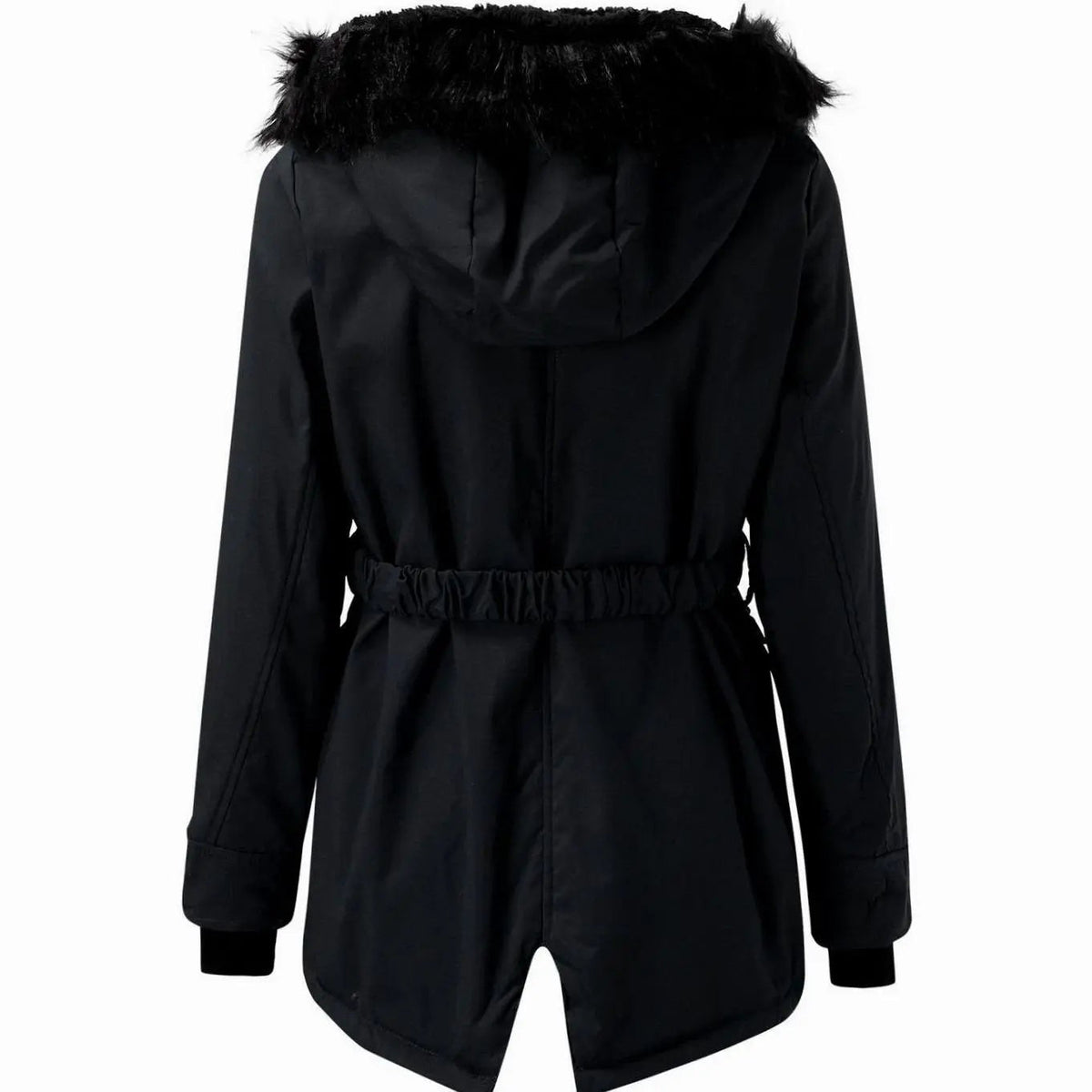 Women's hooded parka coat with faux fur trim hood, drawstring waist and flap pockets - view 8