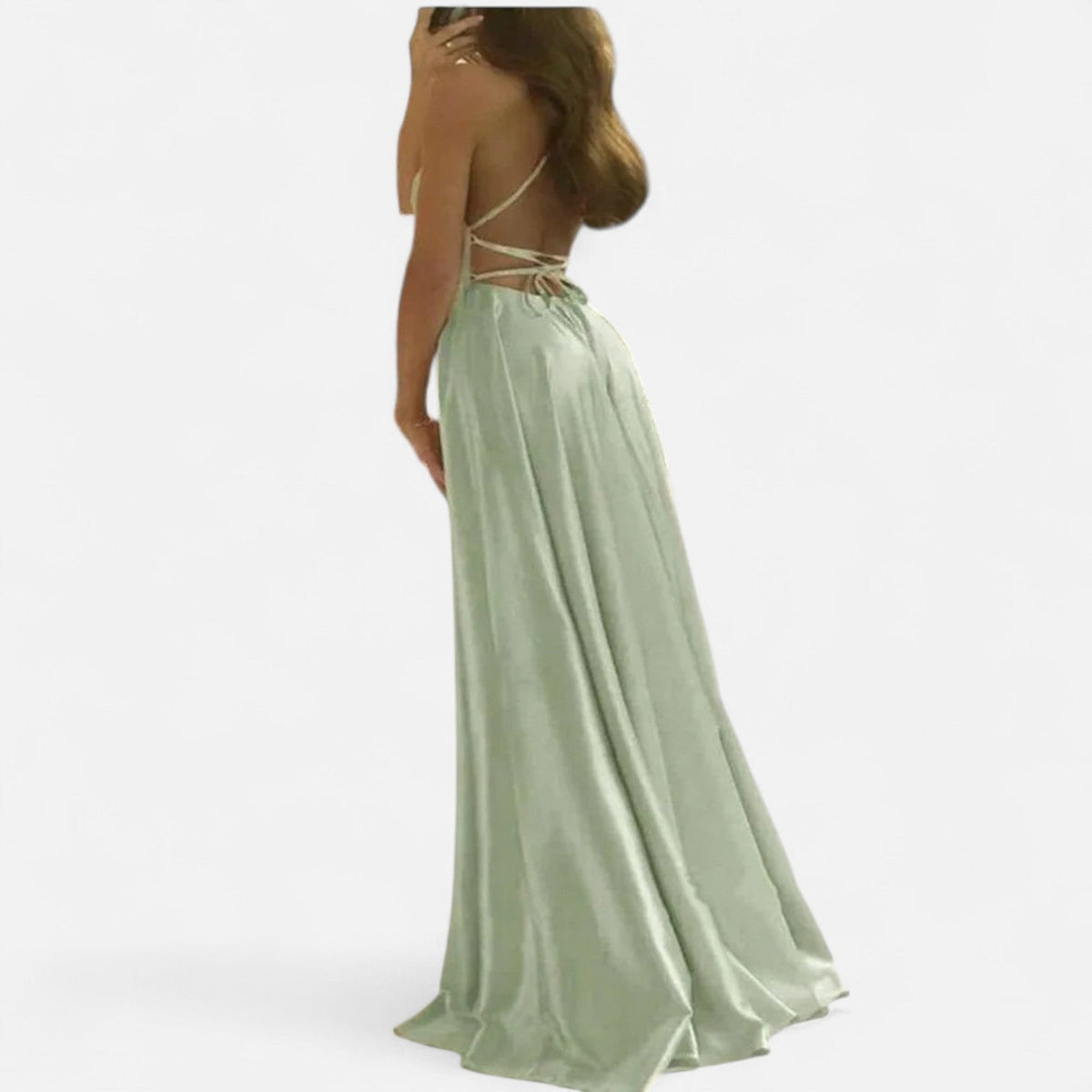 Neve satin maxi dress with square neckline, lace-up open back and thigh-high slit - view 2