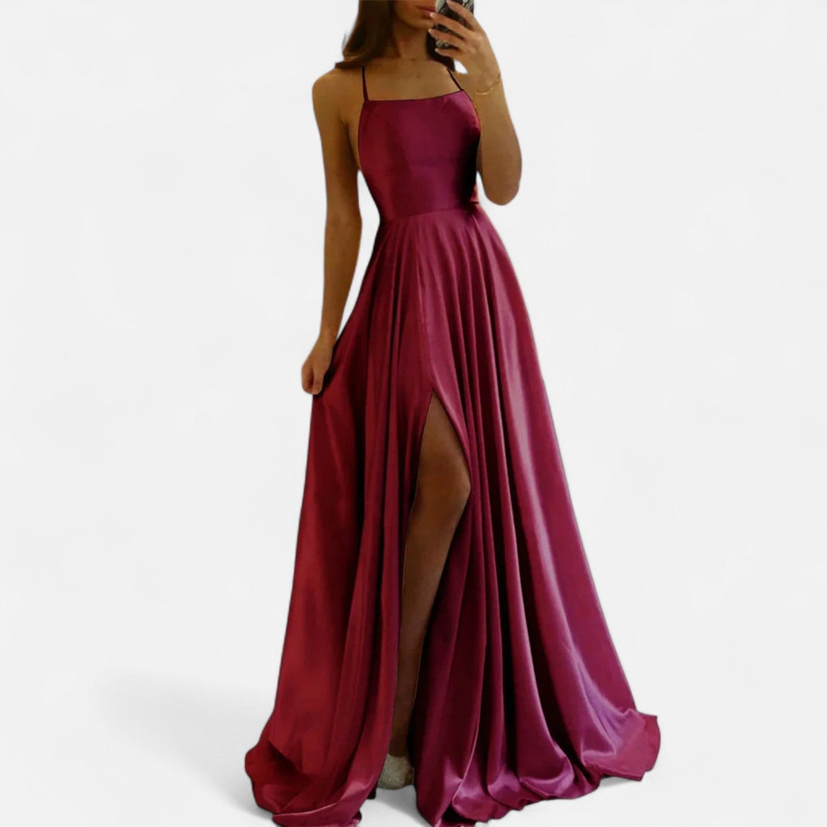 Neve satin maxi dress with square neckline, lace-up open back and thigh-high slit - view 4