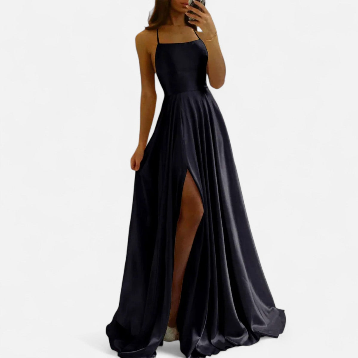 Neve satin maxi dress with square neckline, lace-up open back and thigh-high slit - view 6