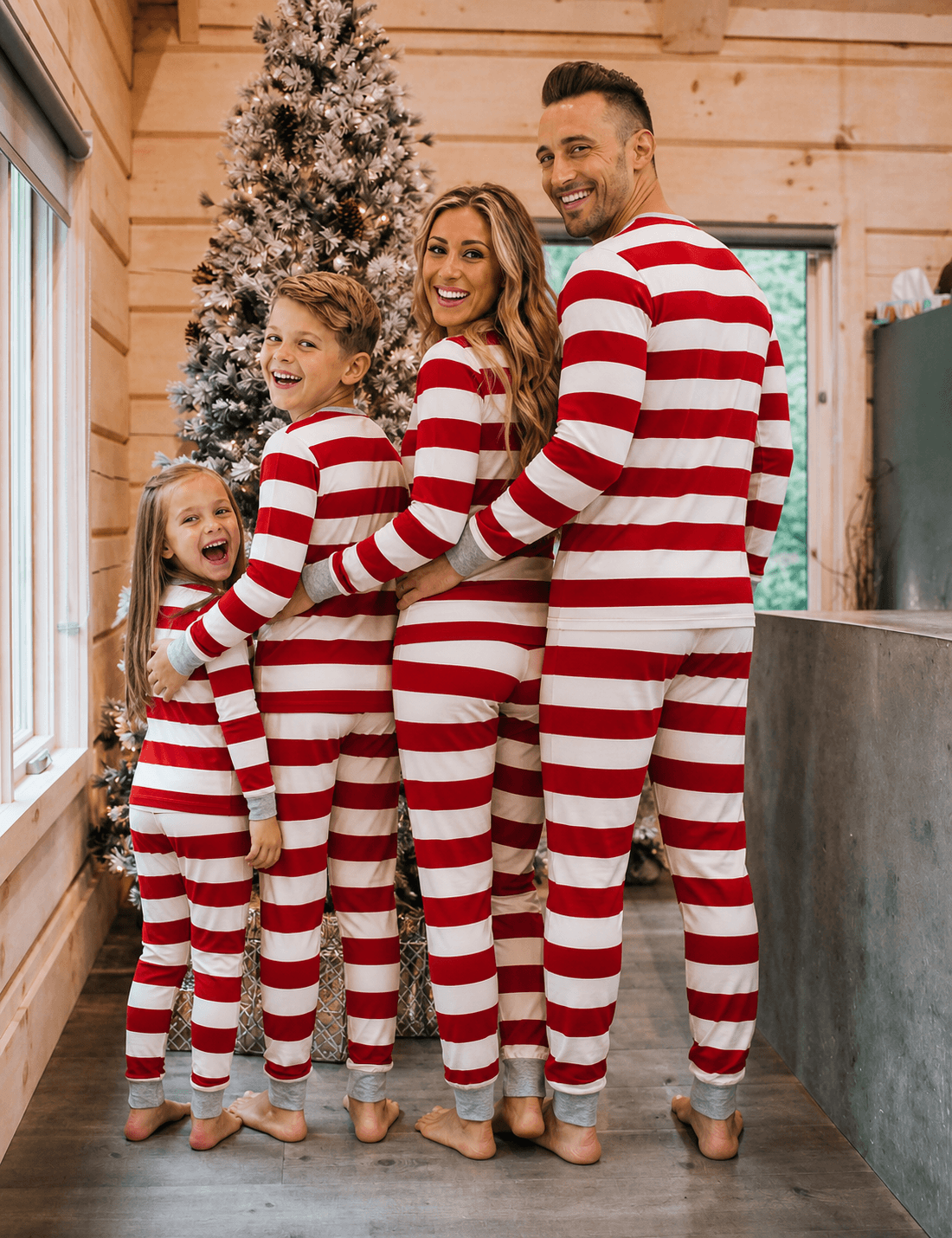 Family wearing matching red and white striped Christmas pyjamas with grey ribbed cuffs