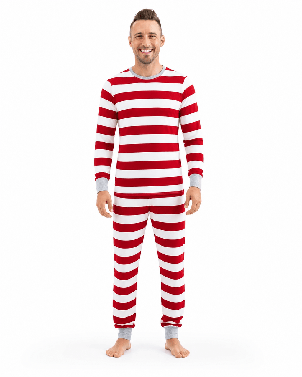 Family wearing matching red and white striped Christmas pyjamas with grey ribbed cuffs - view 11