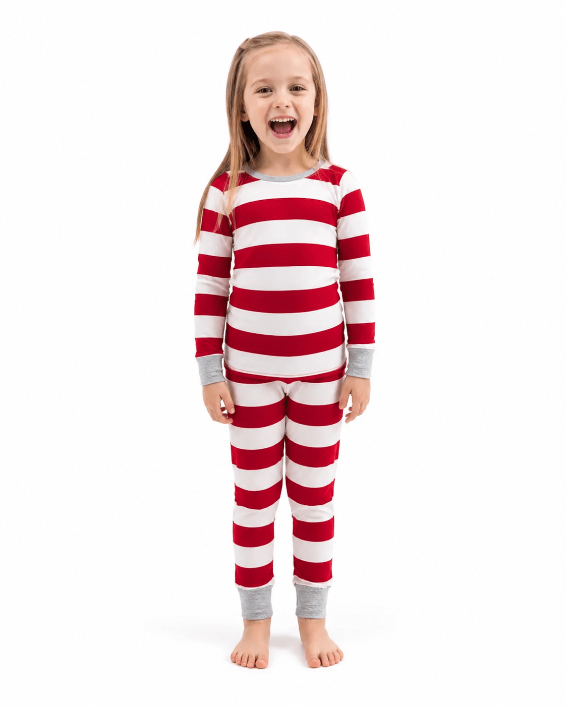 Family wearing matching red and white striped Christmas pyjamas with grey ribbed cuffs - view 12