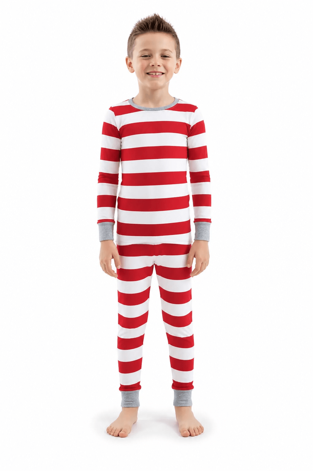Family wearing matching red and white striped Christmas pyjamas with grey ribbed cuffs - view 13