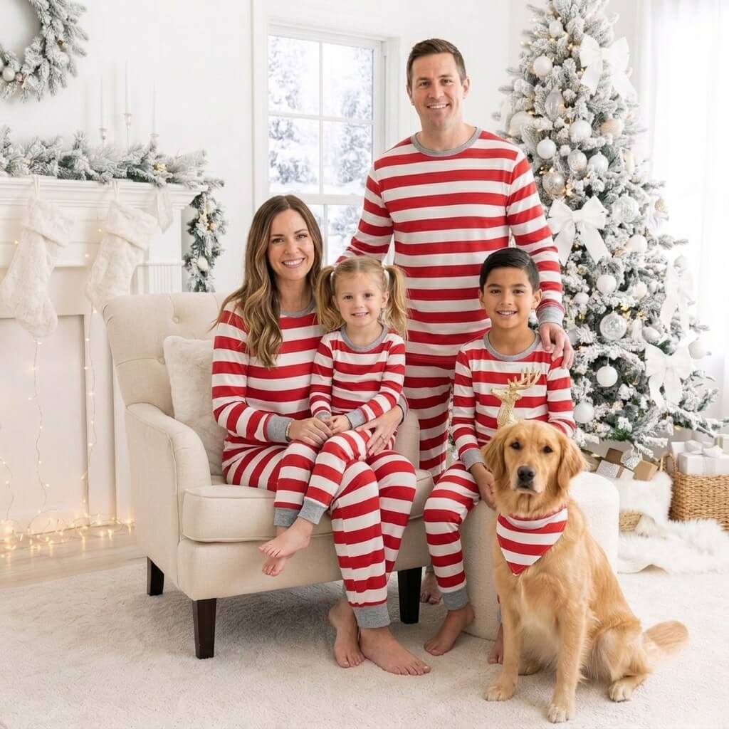 Family wearing matching red and white striped Christmas pyjamas with grey ribbed cuffs - view 16