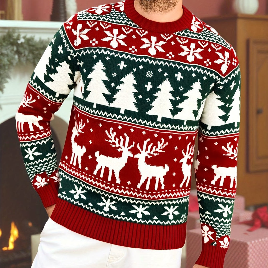 Red and green reindeer Fair Isle Christmas jumper with tree and snowflake pattern and ribbed crew neck