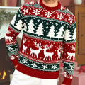 Red and green reindeer Fair Isle Christmas jumper with tree and snowflake pattern and ribbed crew neck