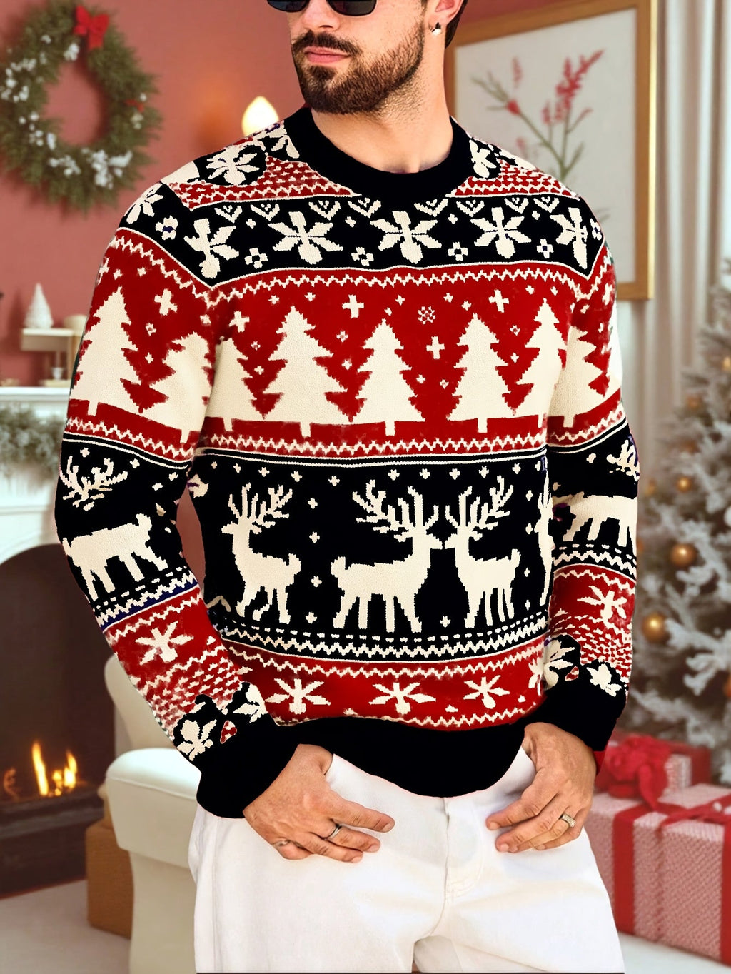 Red and green reindeer Fair Isle Christmas jumper with tree and snowflake pattern and ribbed crew neck - view 10