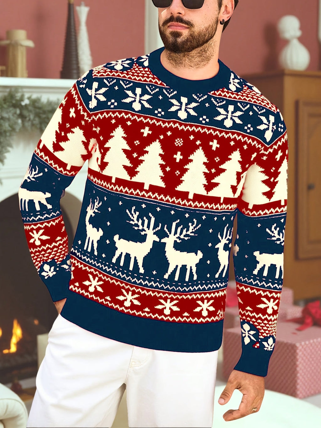 Red and green reindeer Fair Isle Christmas jumper with tree and snowflake pattern and ribbed crew neck - view 11