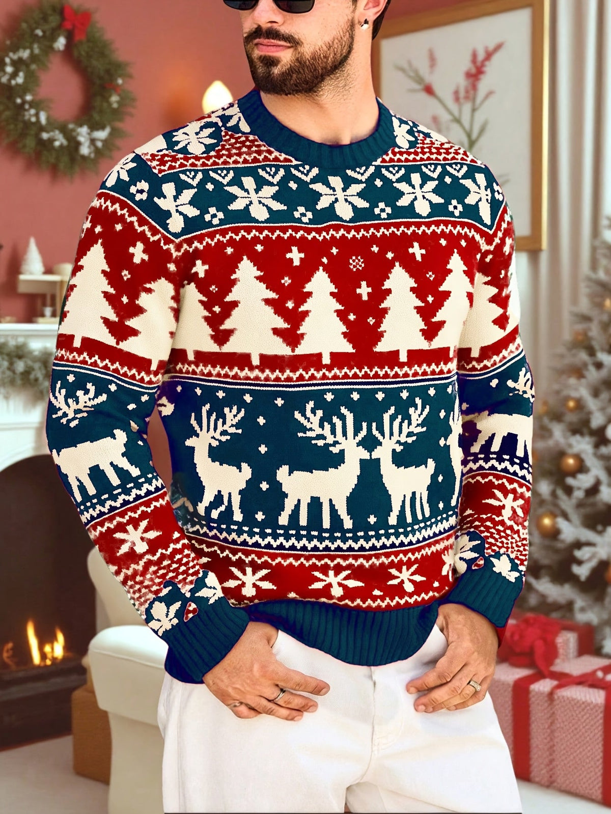 Red and green reindeer Fair Isle Christmas jumper with tree and snowflake pattern and ribbed crew neck - view 12