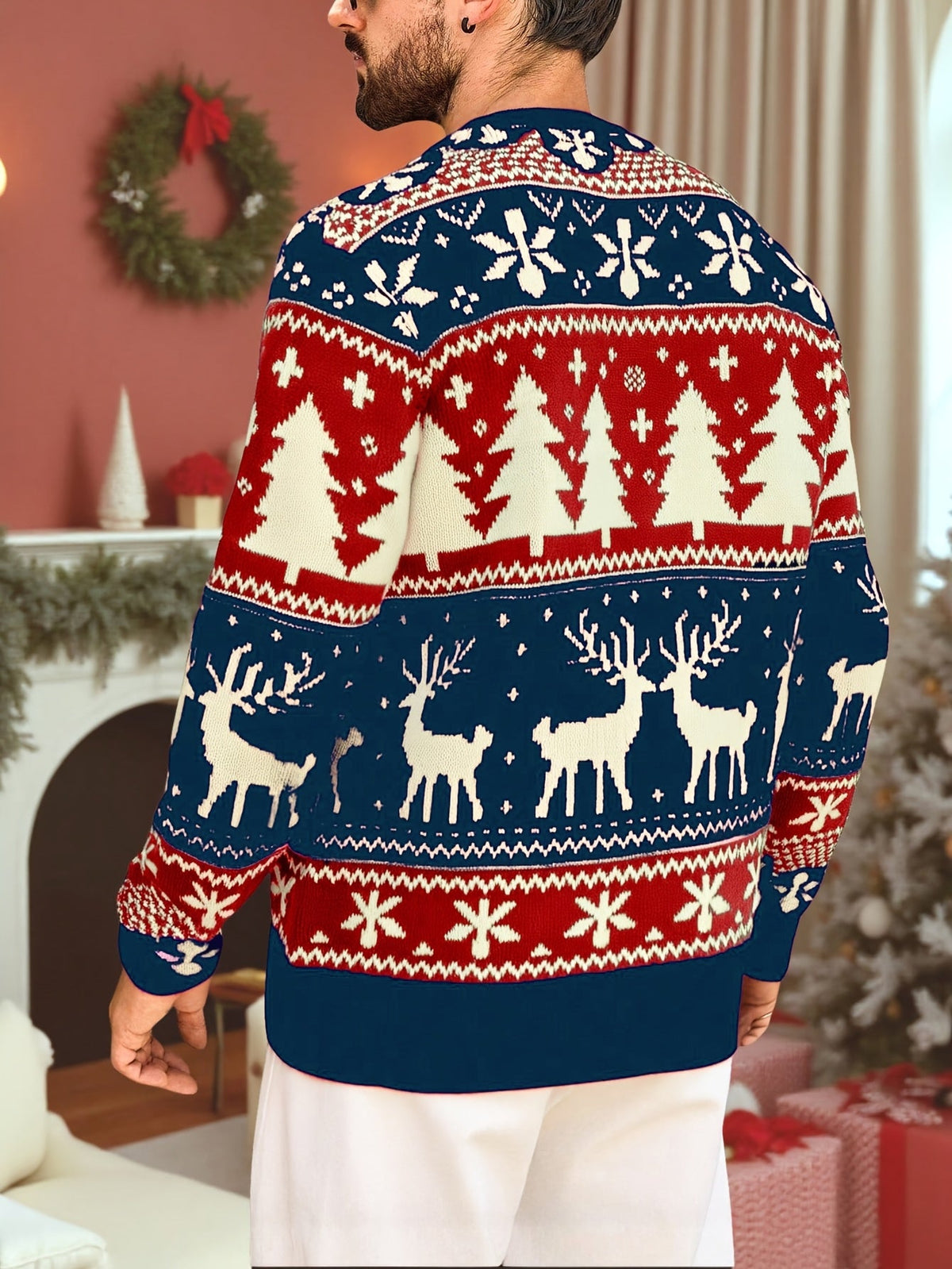 Red and green reindeer Fair Isle Christmas jumper with tree and snowflake pattern and ribbed crew neck - view 14