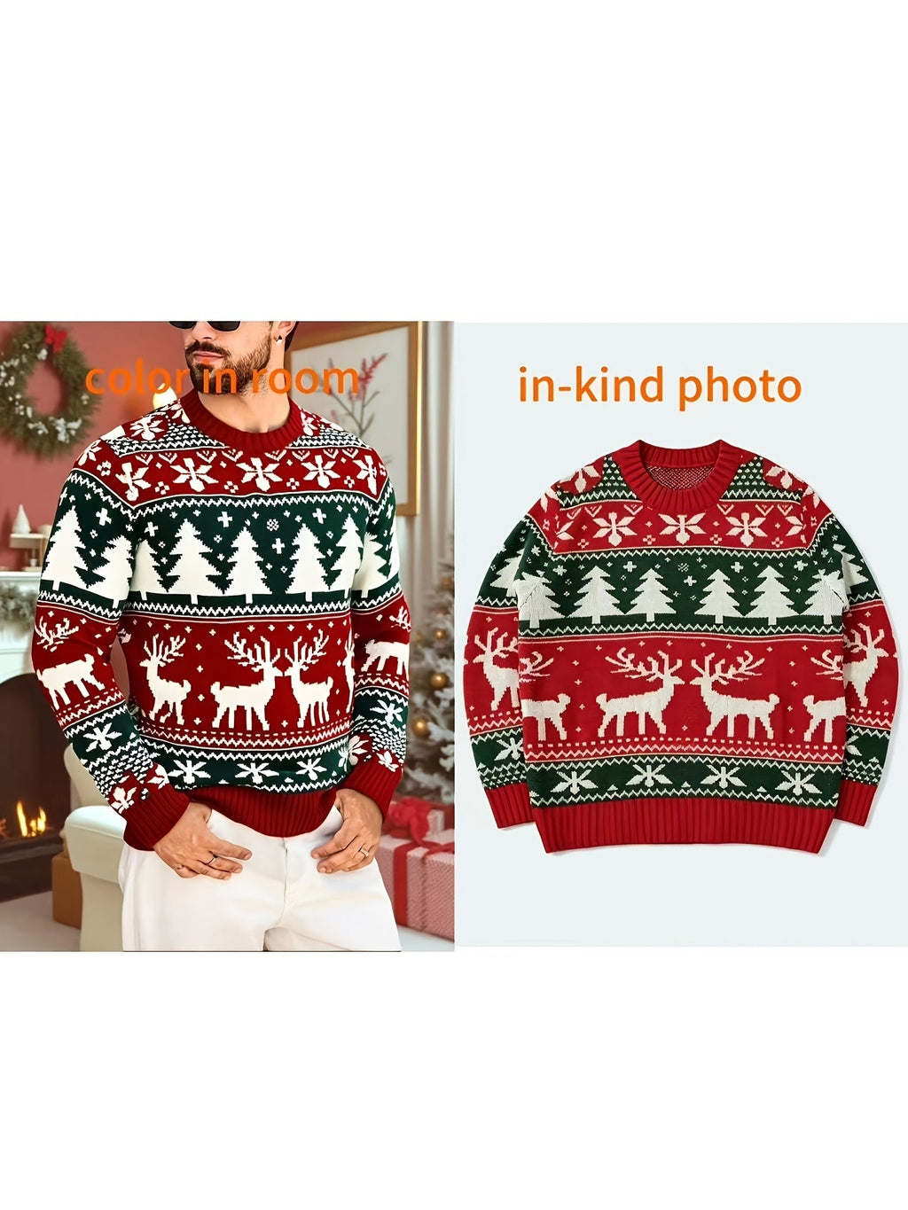 Red and green reindeer Fair Isle Christmas jumper with tree and snowflake pattern and ribbed crew neck - view 2