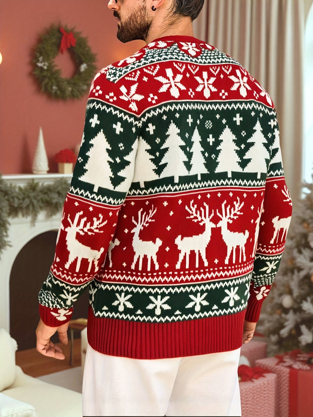 Red and green reindeer Fair Isle Christmas jumper with tree and snowflake pattern and ribbed crew neck - view 3