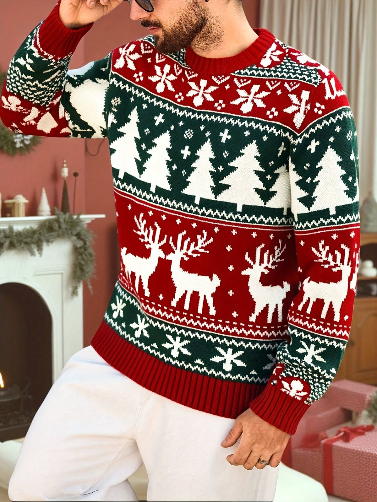 Red and green reindeer Fair Isle Christmas jumper with tree and snowflake pattern and ribbed crew neck - view 4