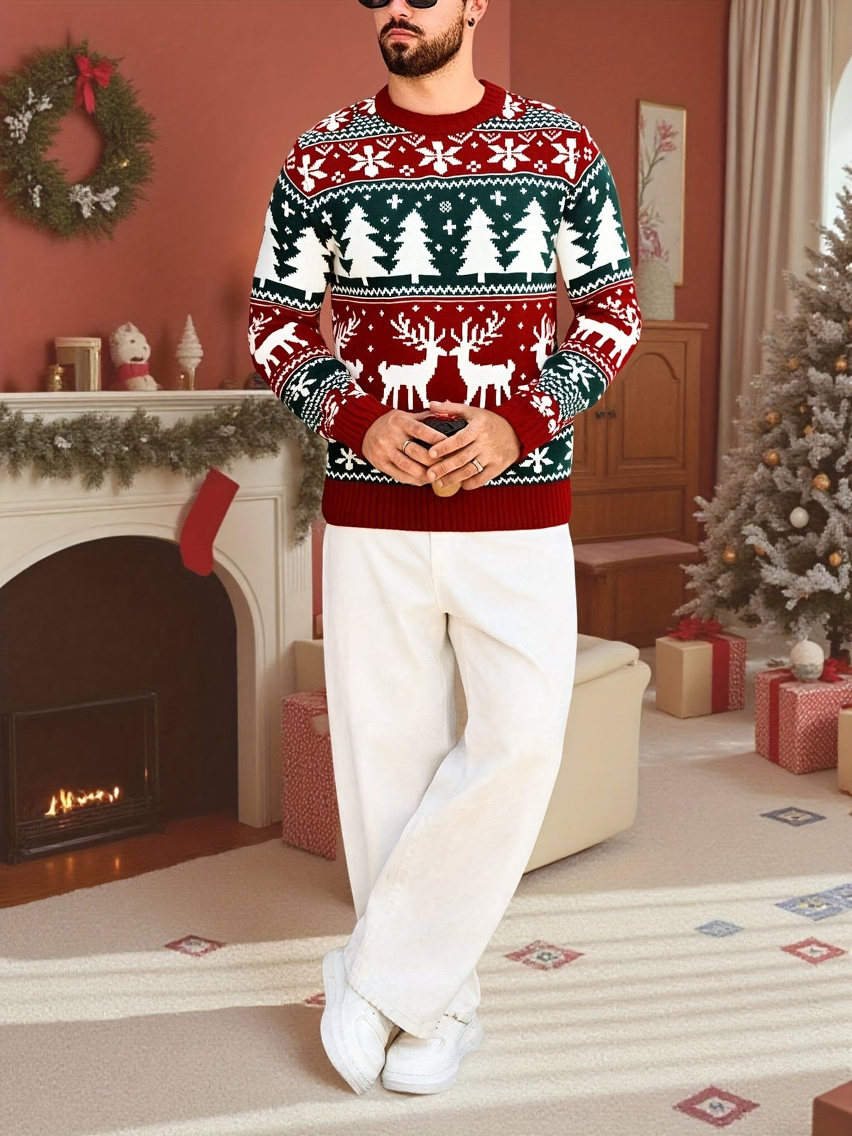 Red and green reindeer Fair Isle Christmas jumper with tree and snowflake pattern and ribbed crew neck - view 5