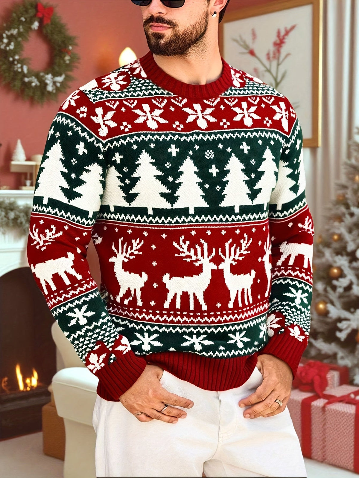 Red and green reindeer Fair Isle Christmas jumper with tree and snowflake pattern and ribbed crew neck - view 6