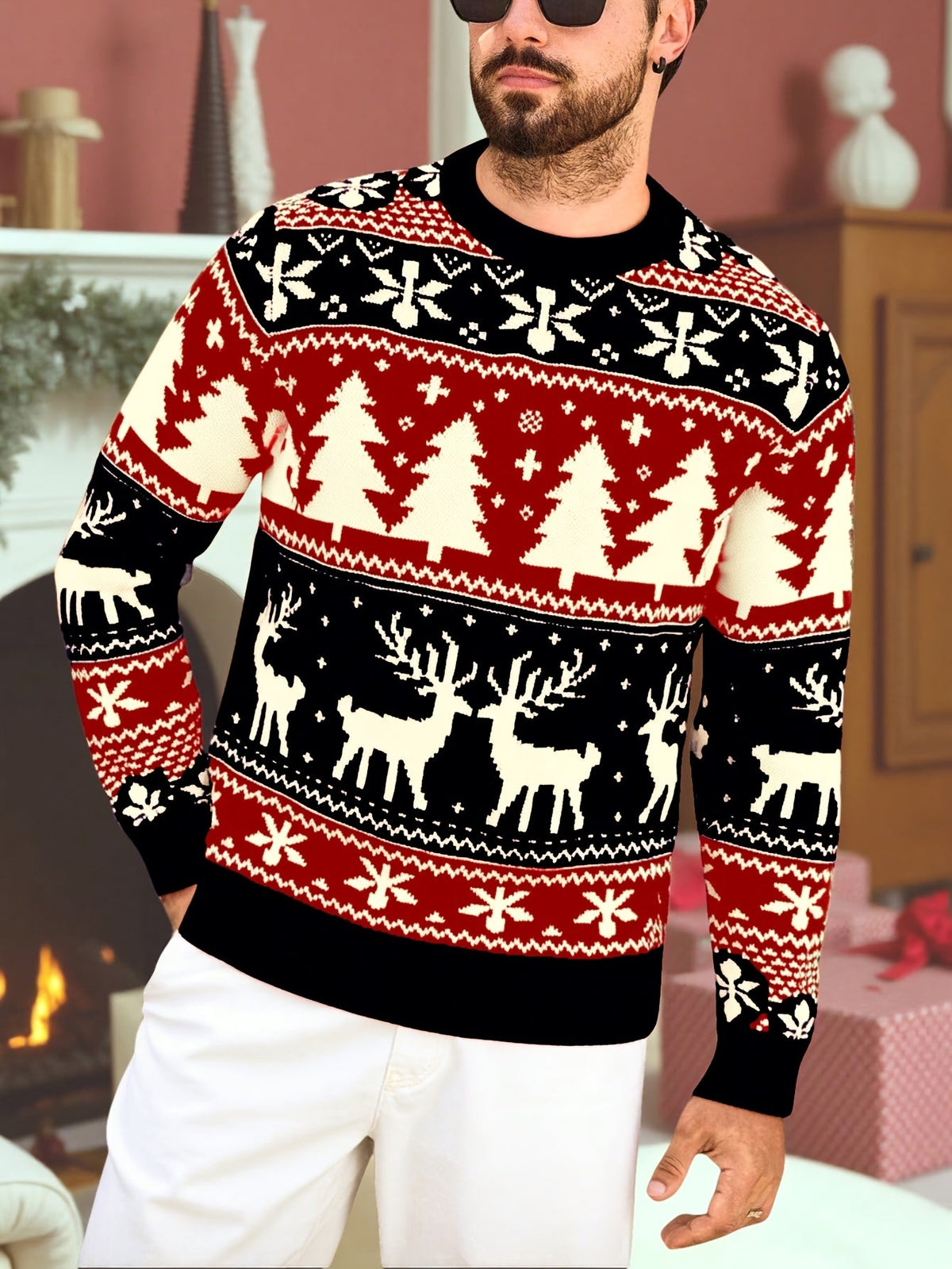 Red and green reindeer Fair Isle Christmas jumper with tree and snowflake pattern and ribbed crew neck - view 9