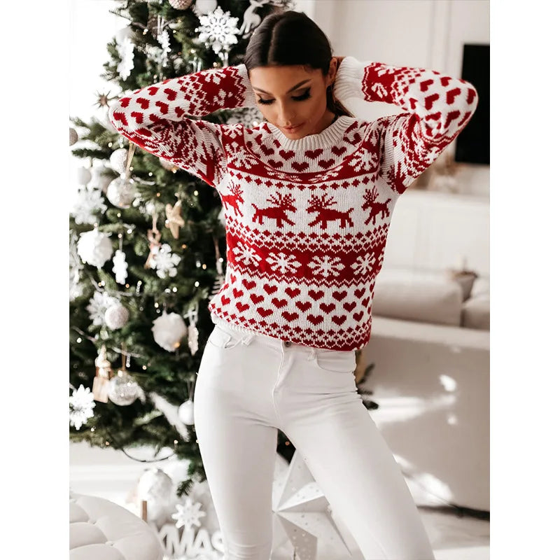 Women's red and white Fair Isle Christmas jumper with reindeer, snowflake and heart pattern - view 3