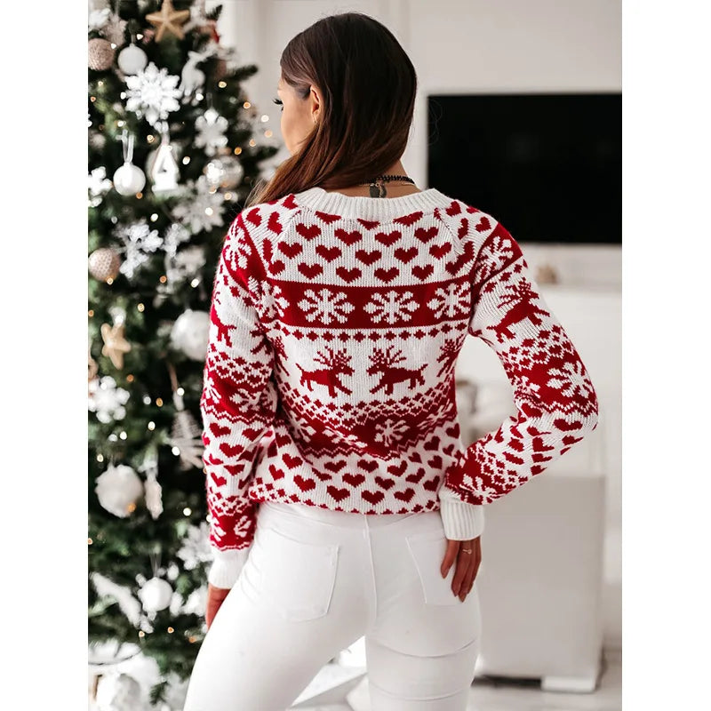 Women's red and white Fair Isle Christmas jumper with reindeer, snowflake and heart pattern - view 4