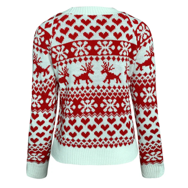 Women's red and white Fair Isle Christmas jumper with reindeer, snowflake and heart pattern - view 6