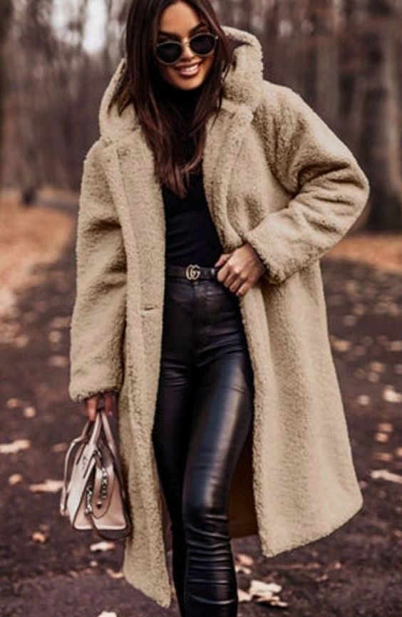 Women's hooded longline faux fur teddy coat with side pockets