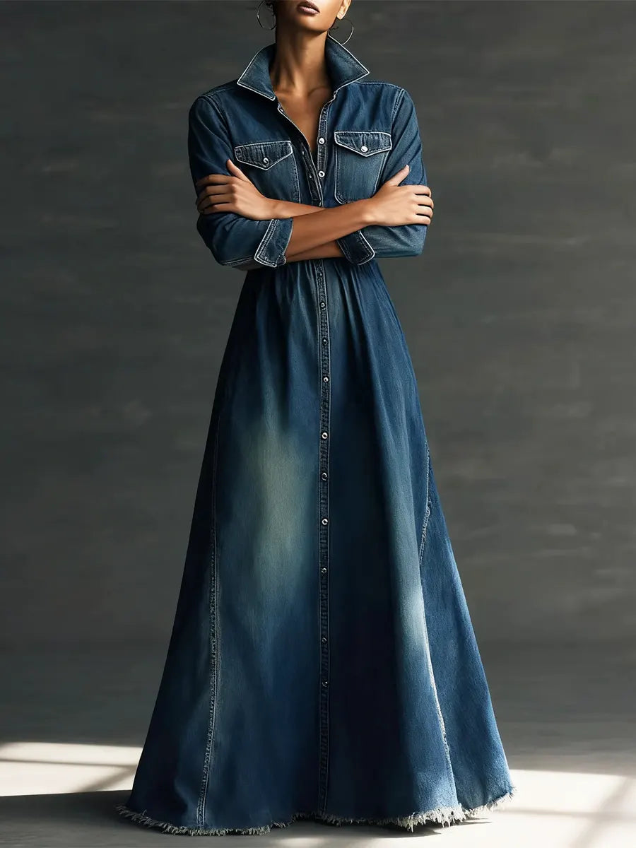 Blaire - Stylish Art Stand Collar Washed Denim Midi Dress