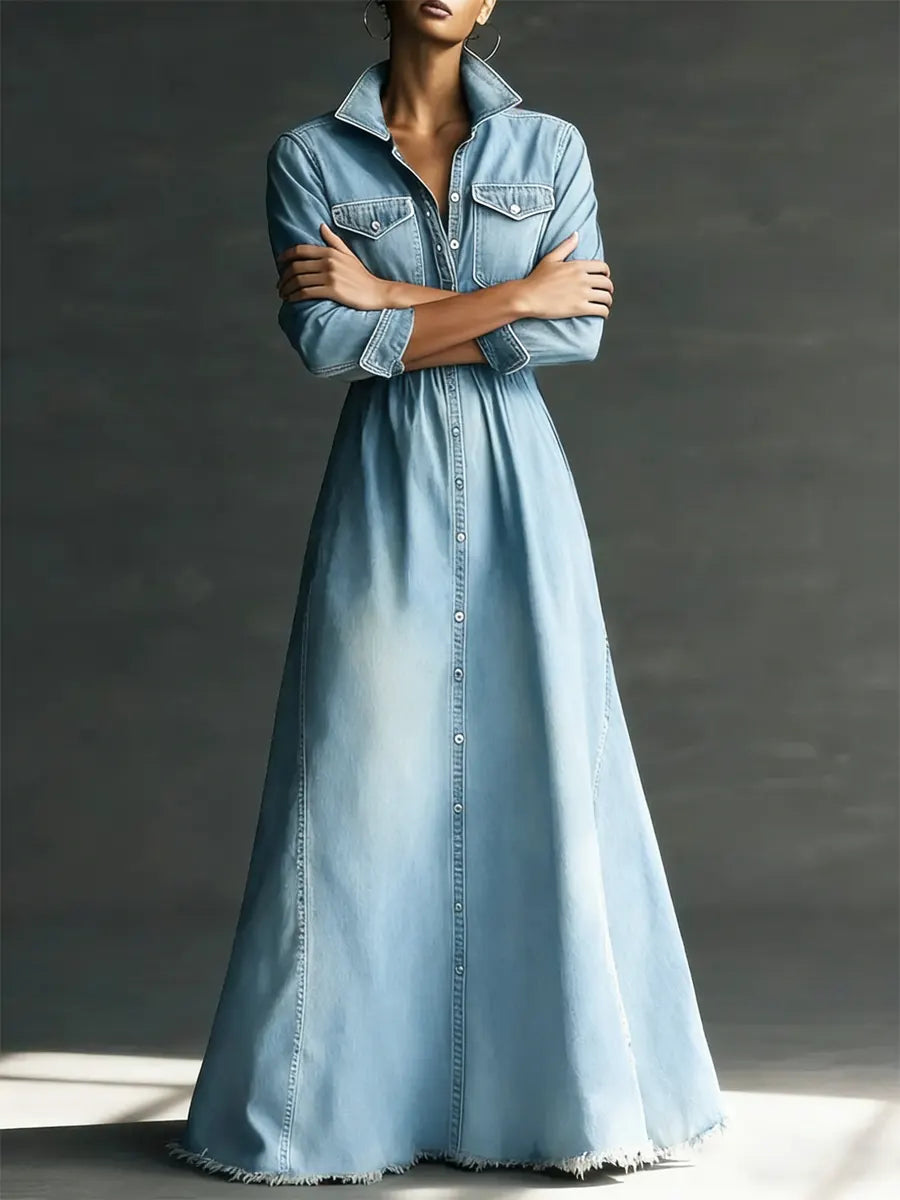 Blaire - Stylish Art Stand Collar Washed Denim Midi Dress