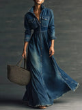 Blaire - Stylish Art Stand Collar Washed Denim Midi Dress