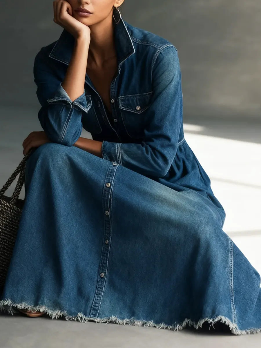 Blaire - Stylish Art Stand Collar Washed Denim Midi Dress