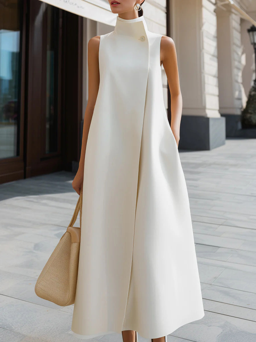 Hailey | Solid Color Stand Collar Sleeveless Casual Loose Cotton Linen Dress
