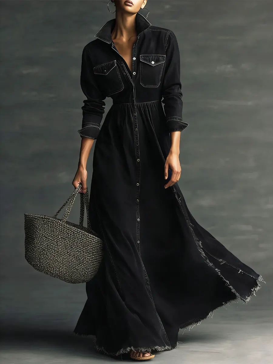 Blaire - Stylish Art Stand Collar Washed Denim Midi Dress