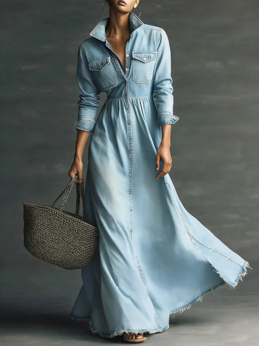 Blaire - Stylish Art Stand Collar Washed Denim Midi Dress