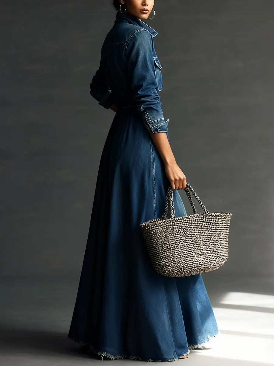 Blaire - Stylish Art Stand Collar Washed Denim Midi Dress